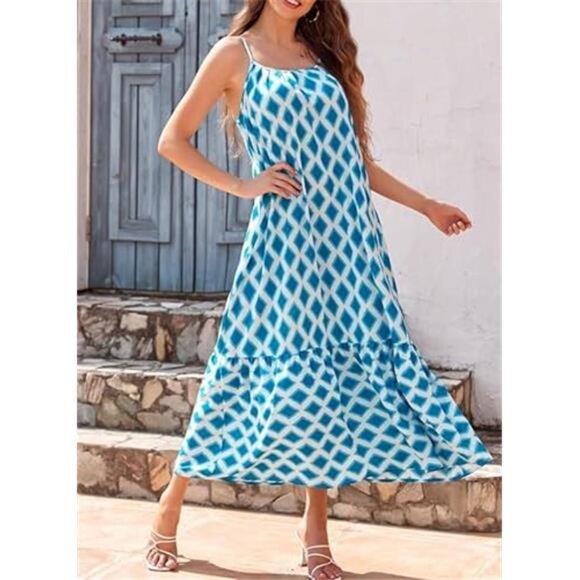 Women's Summer Dress Spaghetti Strap Smocked Ruffle Flowy Boho Maxi Dress - Picture 5 of 6